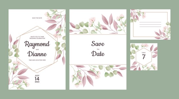 Floral wedding stationery pack set template