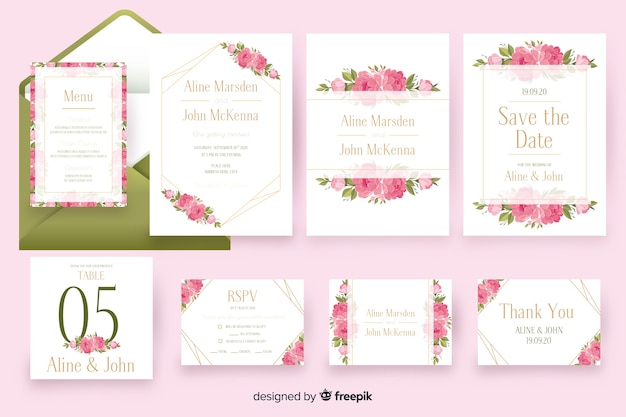 Free vector floral wedding stationery template pack