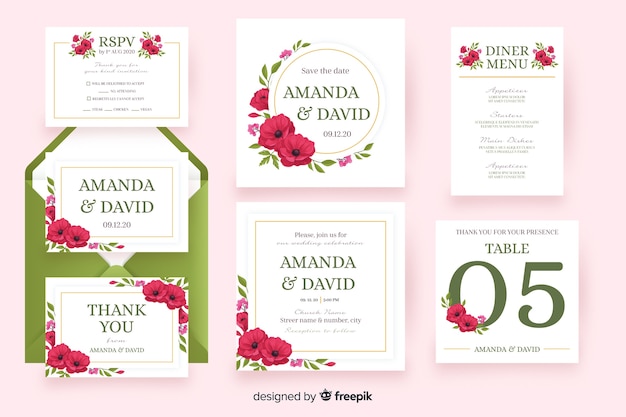 Free vector floral wedding stationery template pack