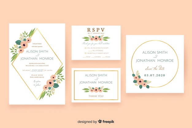 Free vector floral wedding stationery template pack