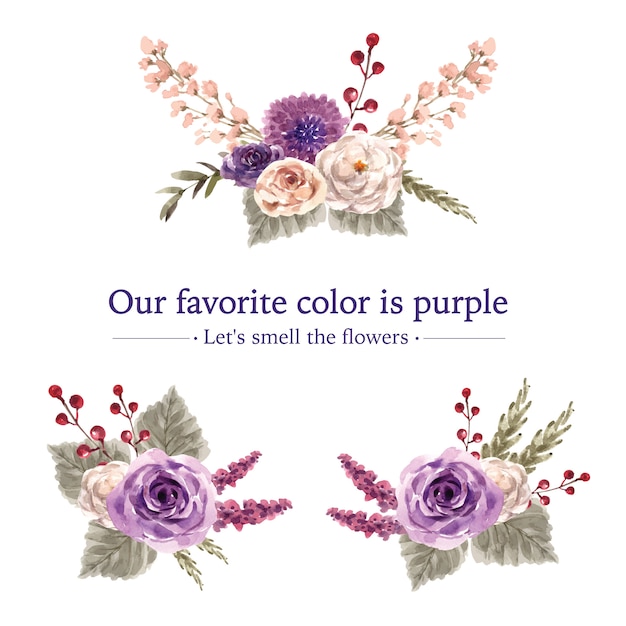 Free vector floral wine bouquet with peony, wisteria, lavender watercolor illustration.