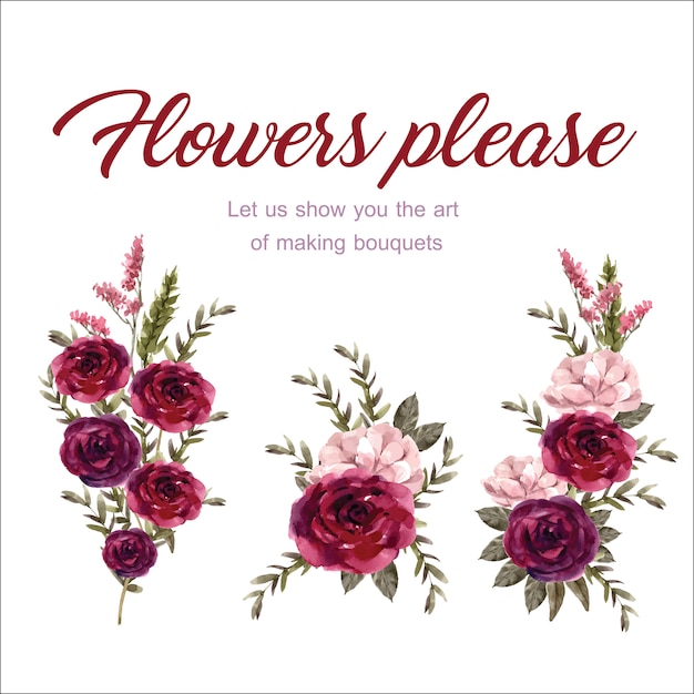 無料ベクター ローズ、アンティゴノン水彩イラストと花の花束。