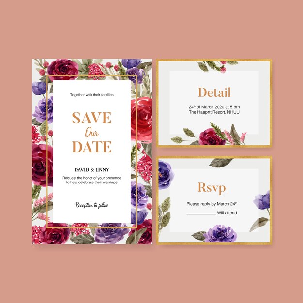 Free vector floral wine wedding card with rose, lisianthus watercolor illustration