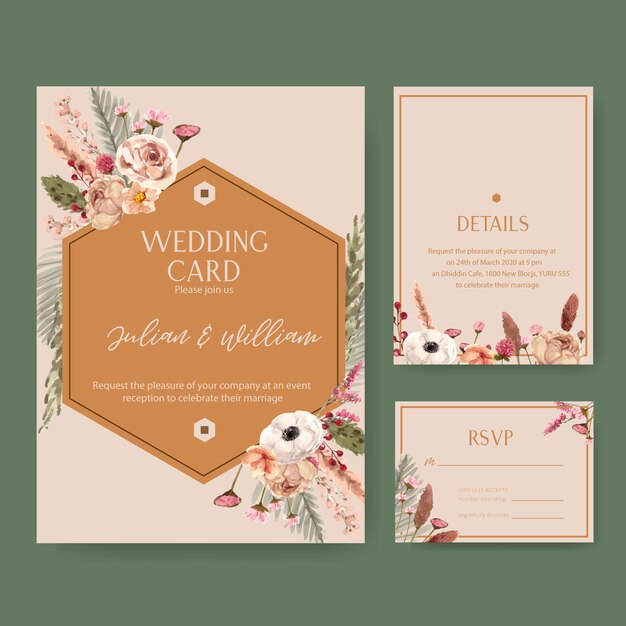 Free vector floral wine wedding card with rowan, chrysanthemum, statice watercolor illustration