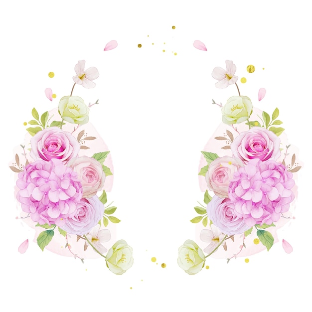 Floral wreath with watercolor pink roses and blue hydrangea flower