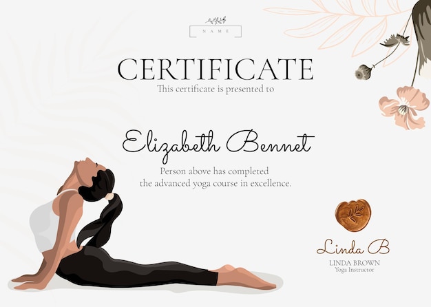 Modello di certificato di yoga floreale in stile femminile