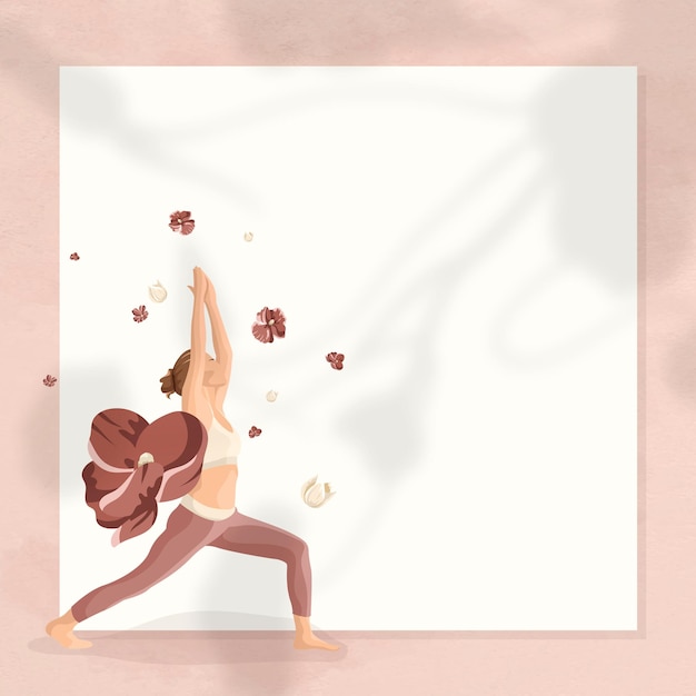 Free vector floral yoga pose frame vector with woman practicing warrior 1 pose