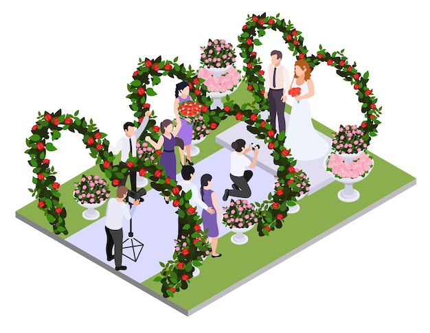 Free vector florist city event flower decoration isometric composition with isolated view of wedding arches with guests newlyweds vector illustration
