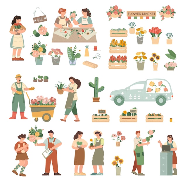 Floristry big flat set with farm nursery flower arrangement bouquets gifts delivery van shop seller customer vector illustration