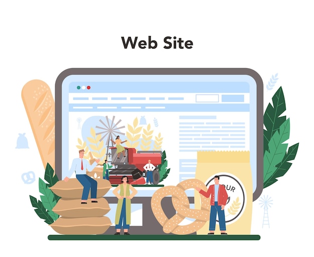 無料ベクター 製粉業界のオンラインサービスまたはプラットフォーム現代の穀物加工産業工場製パン用製品ウェブサイトフラットベクトルイラスト