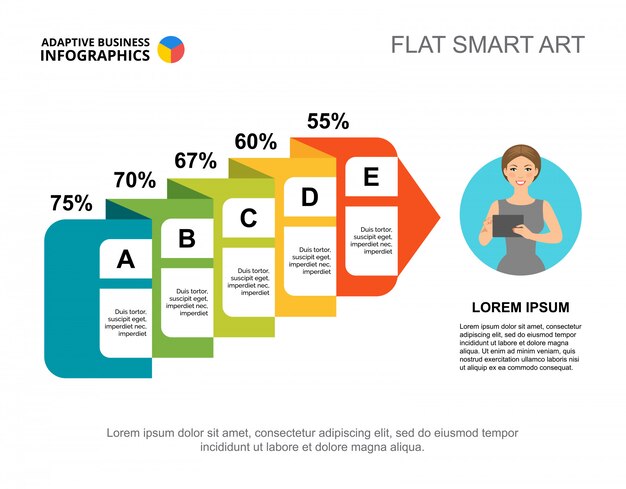 Flowchart with percentage slide template. Chart. Creative concept for infographic, report.