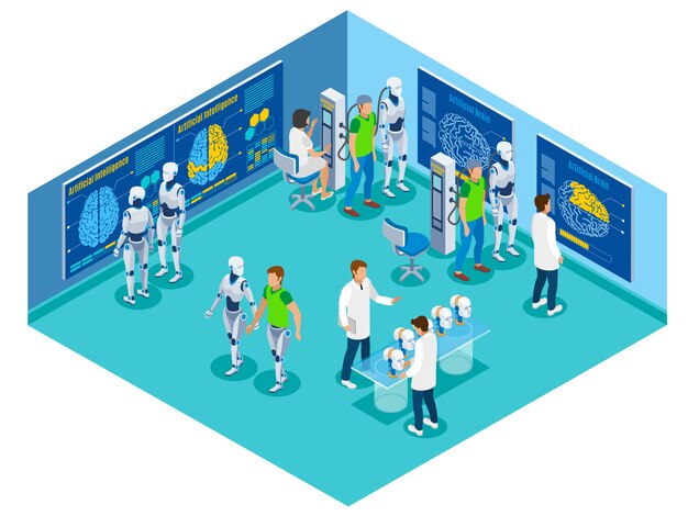 flowchart with view of futuristic laboratory with characters of scientists patients and droids