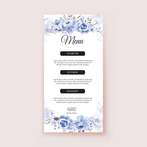 Flower blue watercolor wedding menu card template