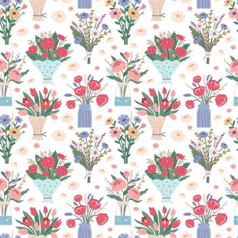 Flower bouquet. seamless pattern with bright spring blooming flowers in vases and bottles isolated on a white background. cartoon flat vector illustration.