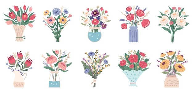 Flower bouquet set of bright spring blooming flowers in vases