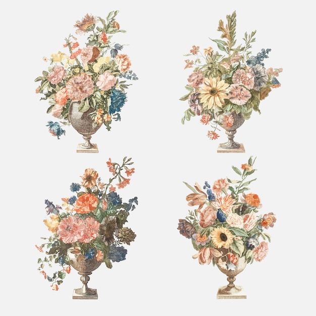 Mazzo di fiori in vaso illustrazione vettoriale vintage set