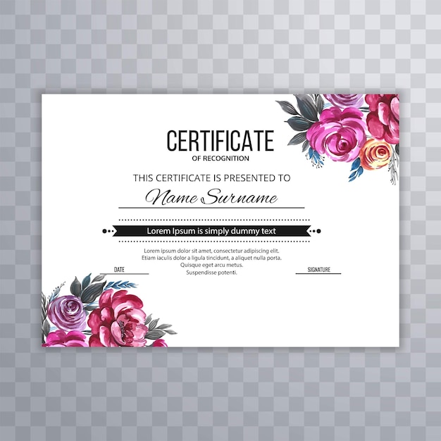 Flower certificate template for achievements graduation diploma design