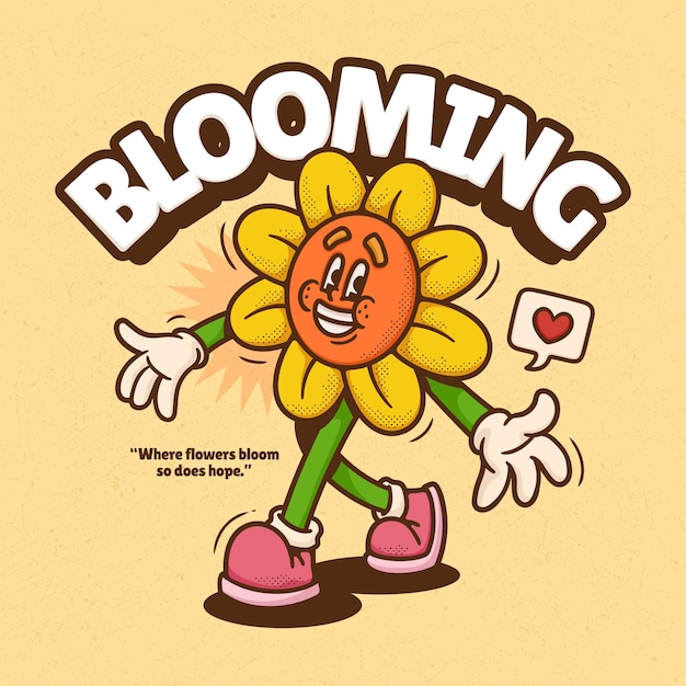 Flower cute trendy retro cartoon vector hand drawn