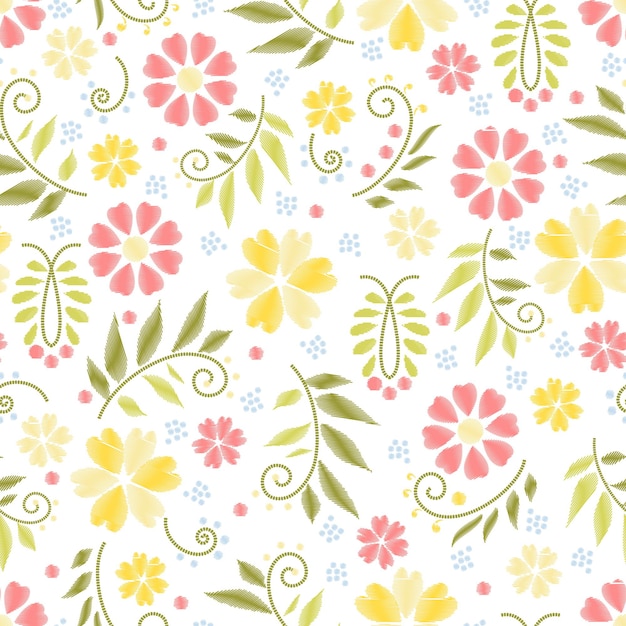 Flower embroidery seamless pattern  with colored flowers