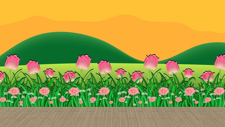 Free Vector flower field and green grass with mountain backdrop at sunset time
