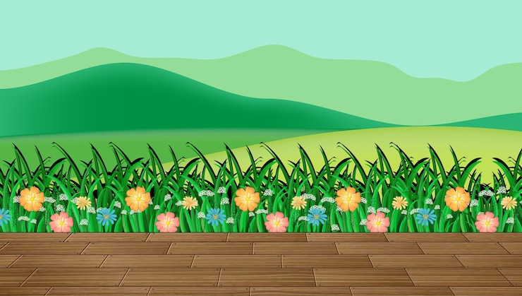 Free Vector flower field and green grass with mountain backdrop