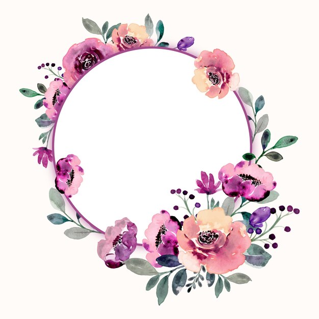 Flower frame purple rose wreath with watercolor