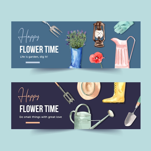 Free vector flower garden banner with garden tools, boots, poppy watercolor illustration.