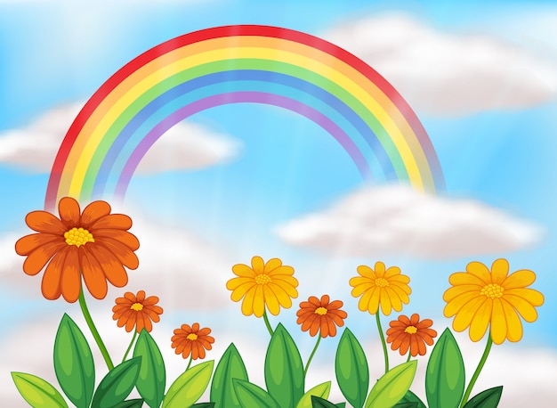 Free vector flower garden and beautiful rainbow