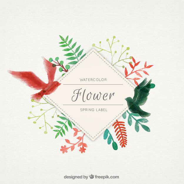 Flower label with watercolor birds