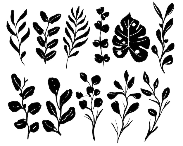 Vettore gratuito fiore foglie silhouette in bianco e nero