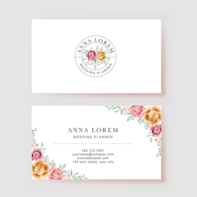 Flower pink yellow watercolor business card template