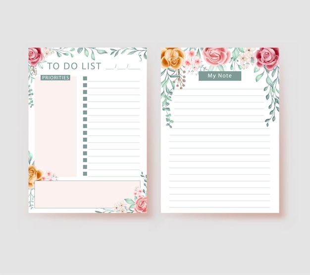 Бесплатное векторное изображение Цветок розовый желтый акварель планировщик список дел шаблон