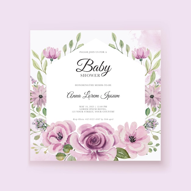 Free vector flower purple watercolor baby shower invitation template