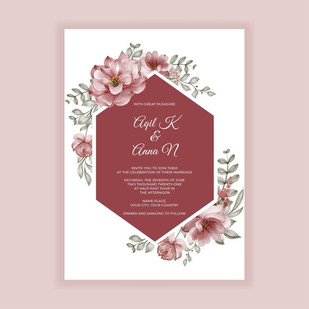 Free vector flower rose burgundy watercolor frame for background wedding invitation