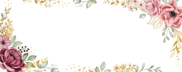 flower seamless border. Floral banner arrangement from leaves and flowers maroon gold, flower frame