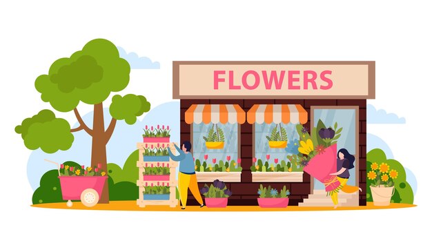 花の市場のシンボルフラットイラストとフラワーショップの構成
