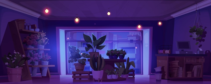 無料Vector 夜の花屋のインテリア 漫画のベクトル