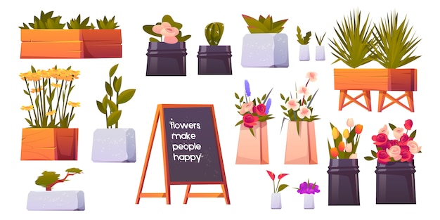 Free vector flower shop set, potted plants and bonsai isolated