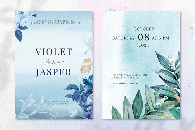 빈티지 공개 도메인 이미지에서 리믹스된 미적 테두리 벡터가 있는 꽃 결혼식 초대장 템플릿