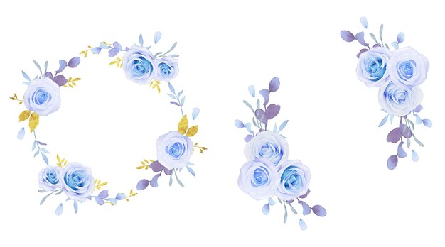 水彩の青いバラの花の花輪
