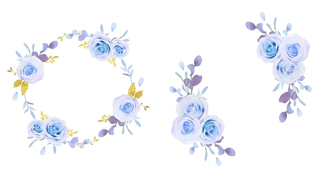 flower wreath of watercolor blue roses