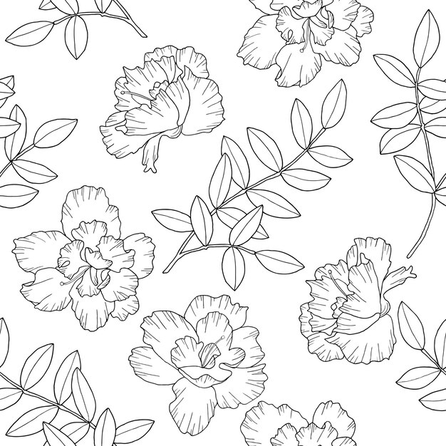 シームレスなパターンの葉を持つ花や枝 手描きの線画スタイルの壁紙 プレミアムベクター