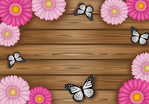 Premium Vector Flowers And Butterflies Frame On Wooden Background