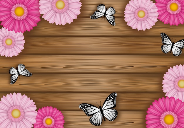 Premium Vector Flowers And Butterflies Frame On Wooden Background Premium Vector Flowers And Butterflies Frame On Wooden Background