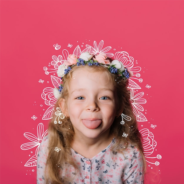 Free vector flowers doodles over little girl