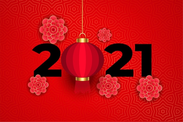 Flowers and lantern on traditional chinese red 2021