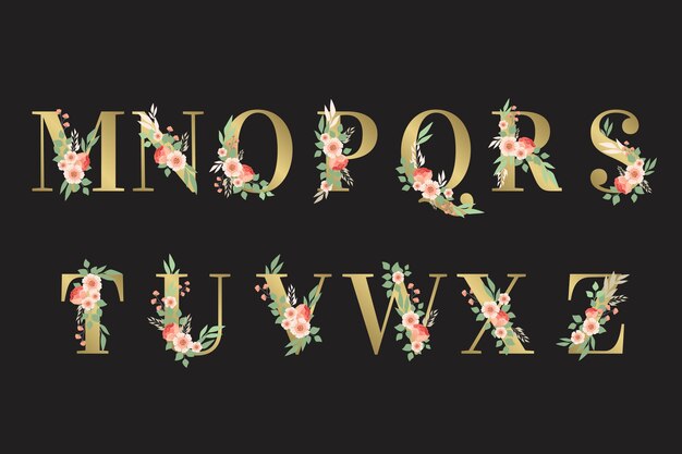 Flowers and leaves on alphabet letters