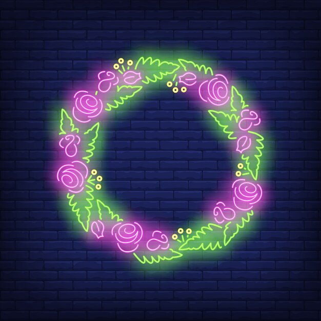 Free vector flowers and leaves wreath neon sign