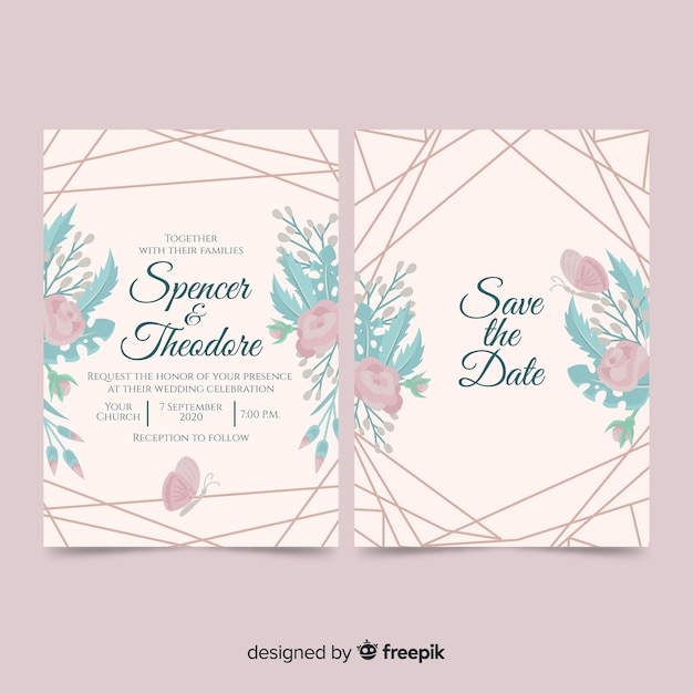 Flowers and lines wedding invitation template