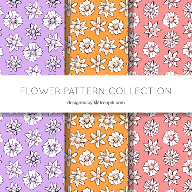 Free vector flowers patterns collection in hand drawn style